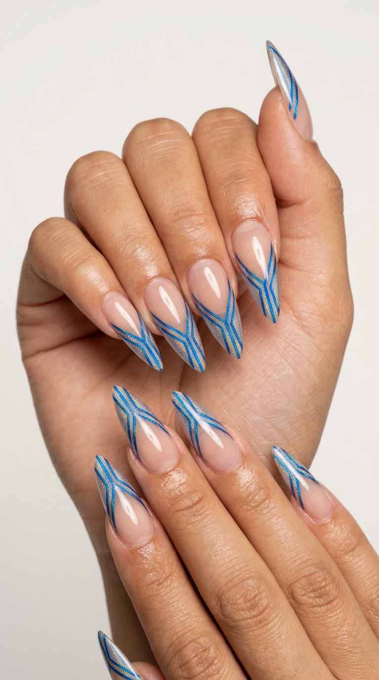 Holographic Blue Lines Nails 2026: Edgy Festival Style Electric Blue Holographic Lines nails for festivals and nights out. Edgy, futuristic design.