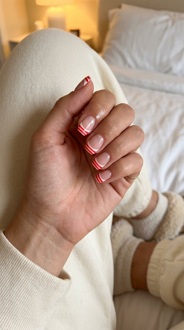 Nautical Stripe French Nails 2026: Retro Summer Vacation Nautical Stripe French Almond nails for summer colorful nails designs 2026. Retro vacation chic.