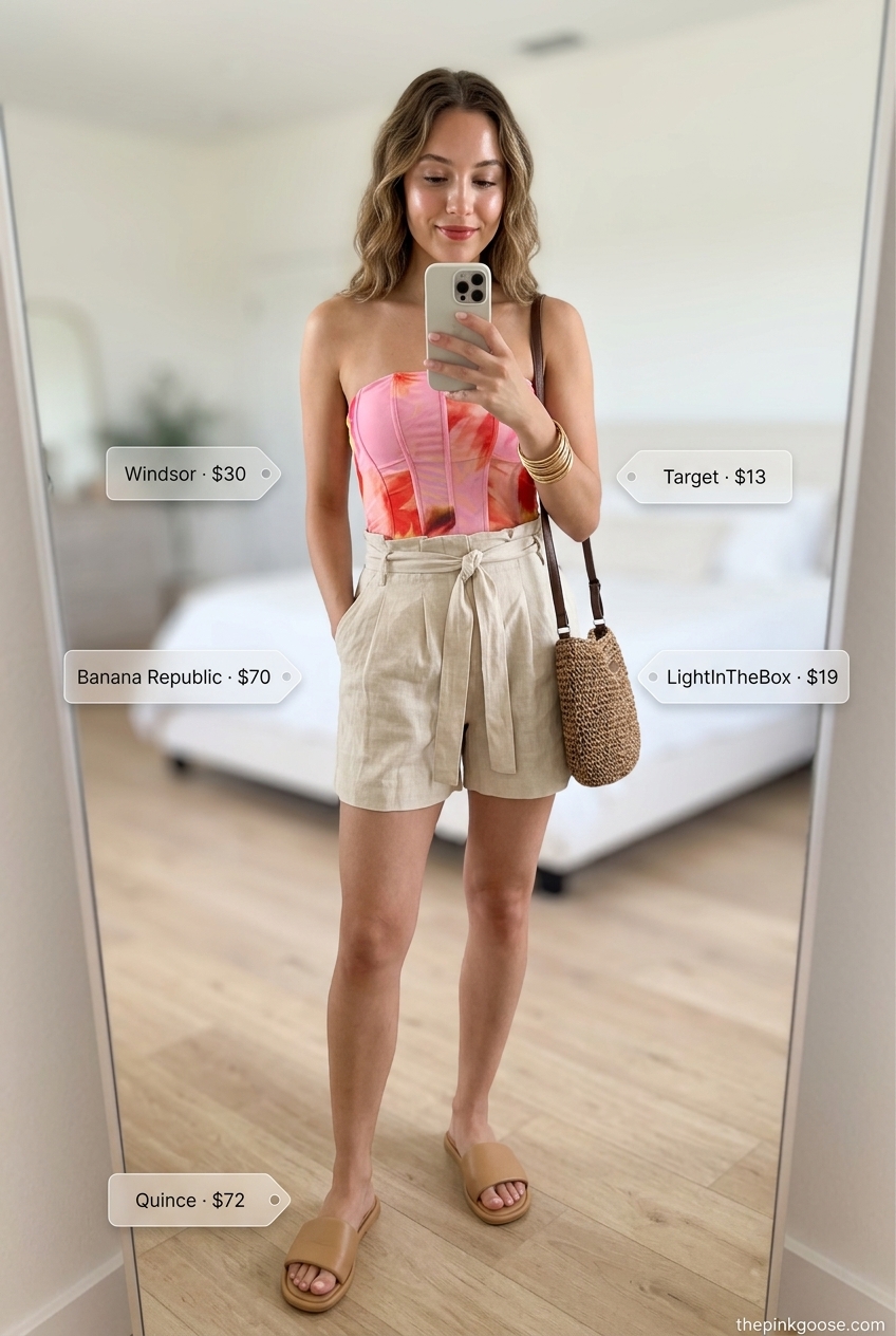 Playful Summer Corset Top Outfits for Women 2026: White linen shorts with a colorful abstract print corset top.
