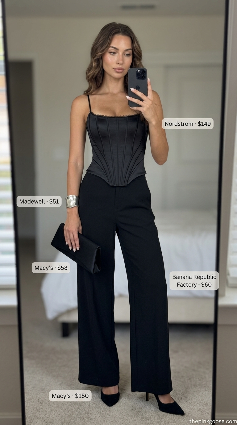 Summer corset top outfit for women 2026: Chic black corset top with high-waisted wide-leg pants for a smart casual look.