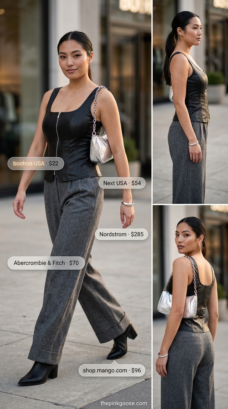 Edgy Summer Corset Top Outfits for Women 2026: Black faux leather corset with silver details, grey trousers, boots.
