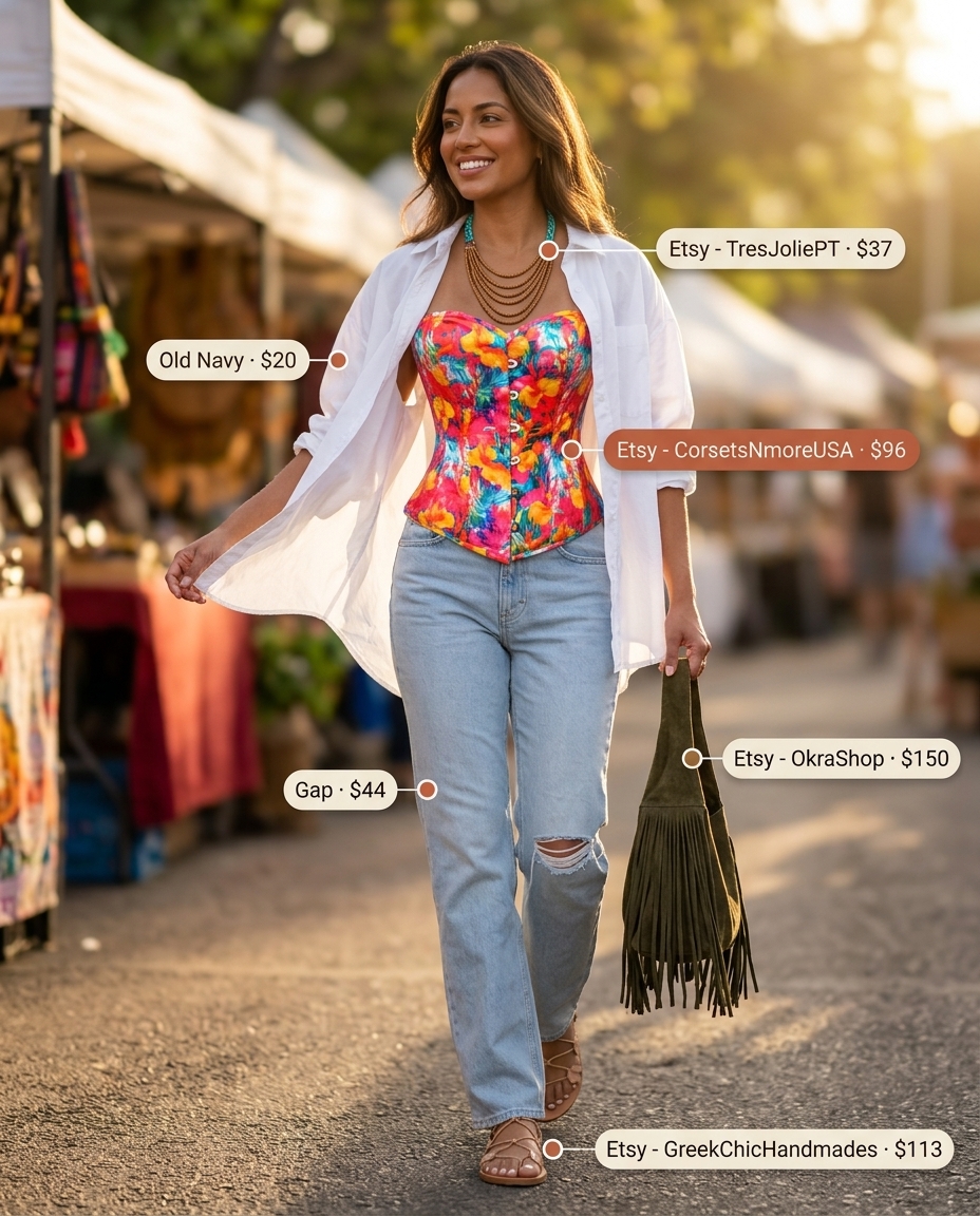 Boho Rhapsody corset top outfit for women 2026 with floral corset, denim jeans, and layered necklaces for festivals.