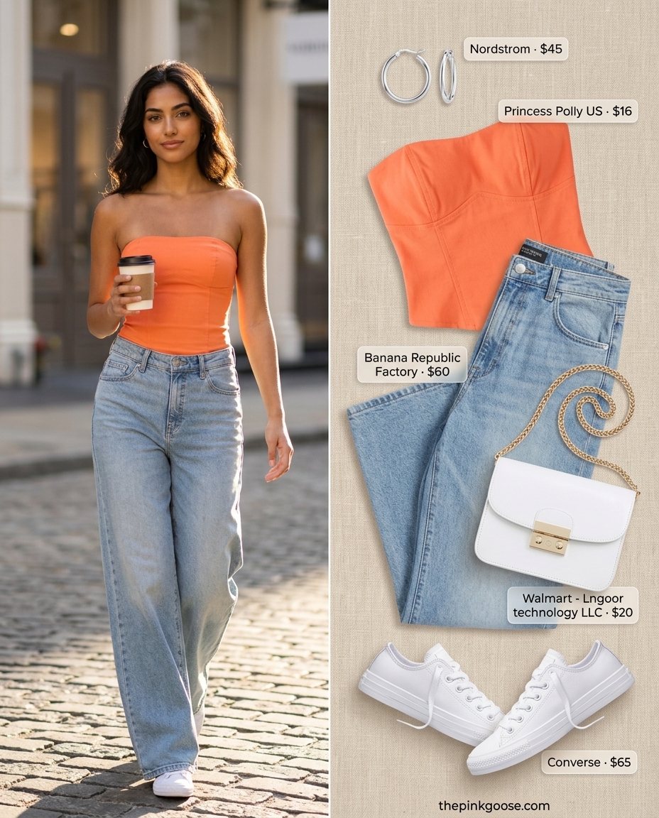 Cool Summer Corset Top Outfits for Women 2026: Coral orange corset top with light wash wide-leg jeans.