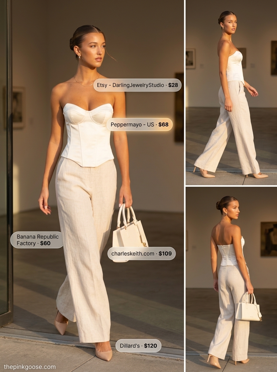 Minimalist Summer Corset Top Outfits for Women 2026: Cream satin corset top with beige trousers and heels.