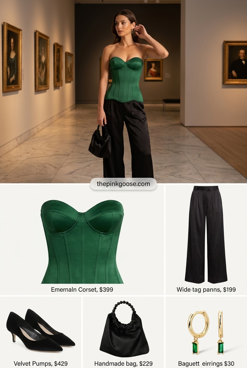 Summer corset top outfit for women 2026: Emerald green satin corset with flared satin trousers for a glamorous evening.