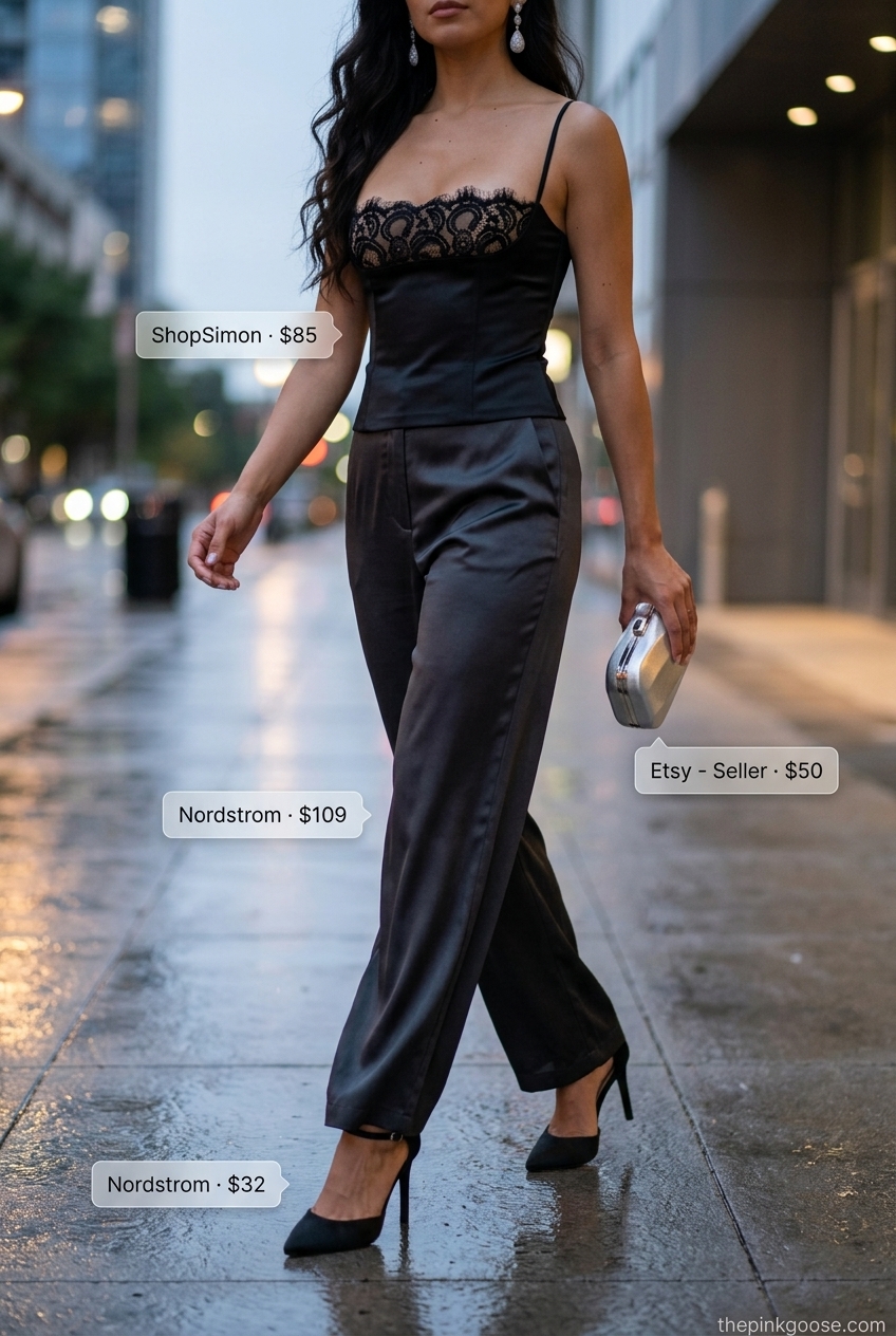 Evening Elegance corset top outfit for women 2026 with black lace corset, satin trousers, and stiletto heels for formal events.