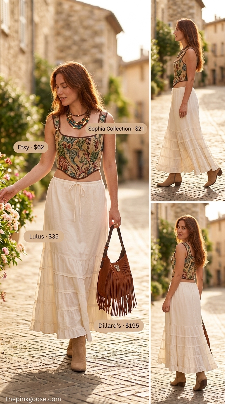 Boho Summer Corset Top Outfits for Women 2026: Floral print corset top with tiered maxi skirt and suede boots.