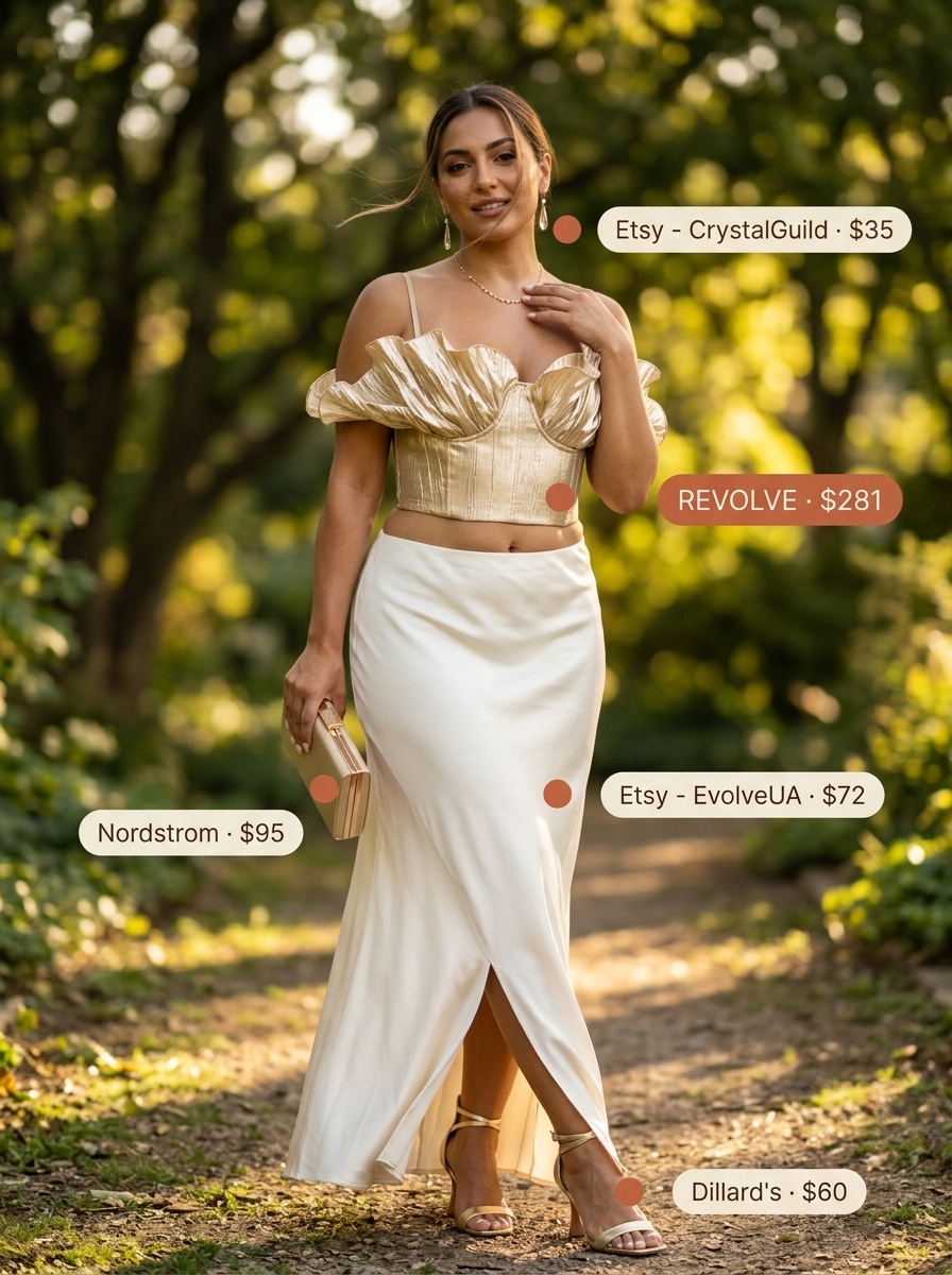 Glamorous Summer Corset Top Outfits for Women 2026: Gold metallic corset with ivory maxi skirt.
