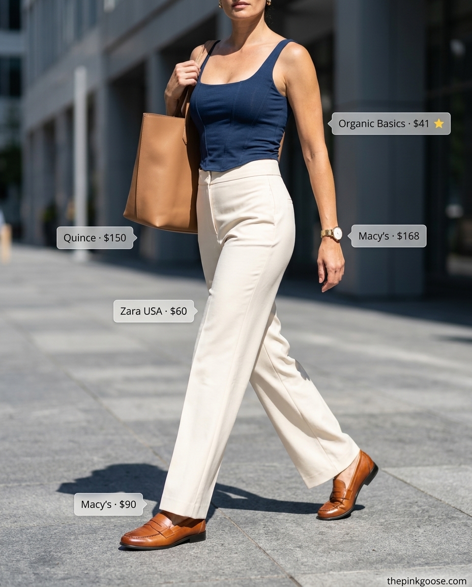 Modern Prep corset top outfit for women 2026 with navy corset, white trousers, and loafers for smart casual office events.