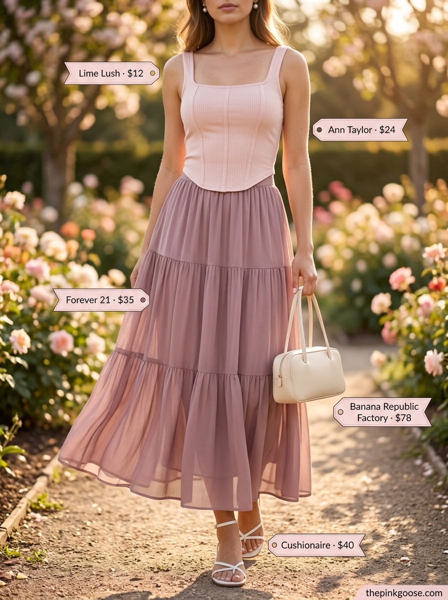 Pastel Dream corset top outfit for women 2026 with lilac corset, blush pink skirt, and cream sandals for garden parties.