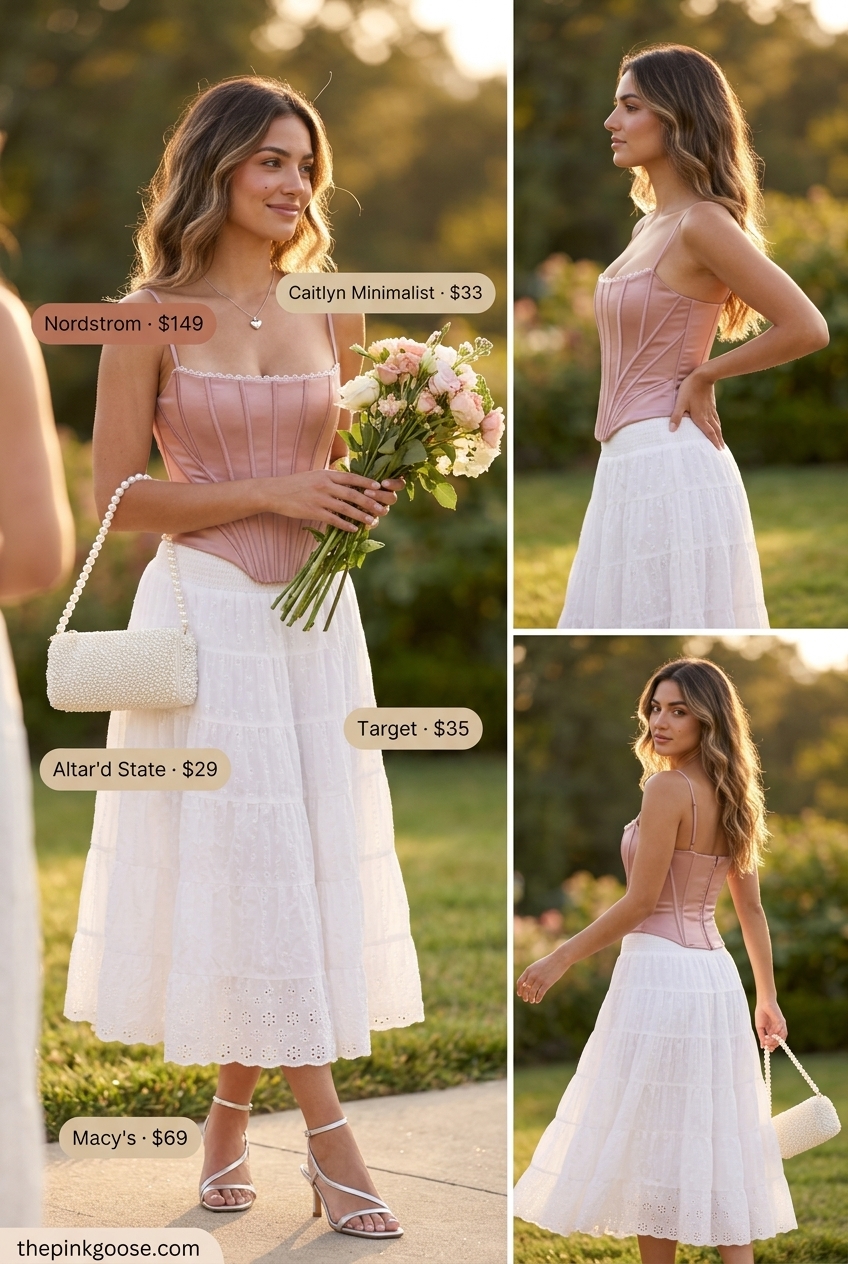 Pastel Dream corset top outfit for women 2026 with pale pink corset, tiered skirt, and silver sandals for summer parties.