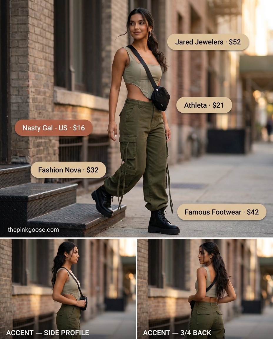 Safari Chic corset top outfit for women 2026 with khaki corset, olive cargo pants, and combat boots for casual exploration.