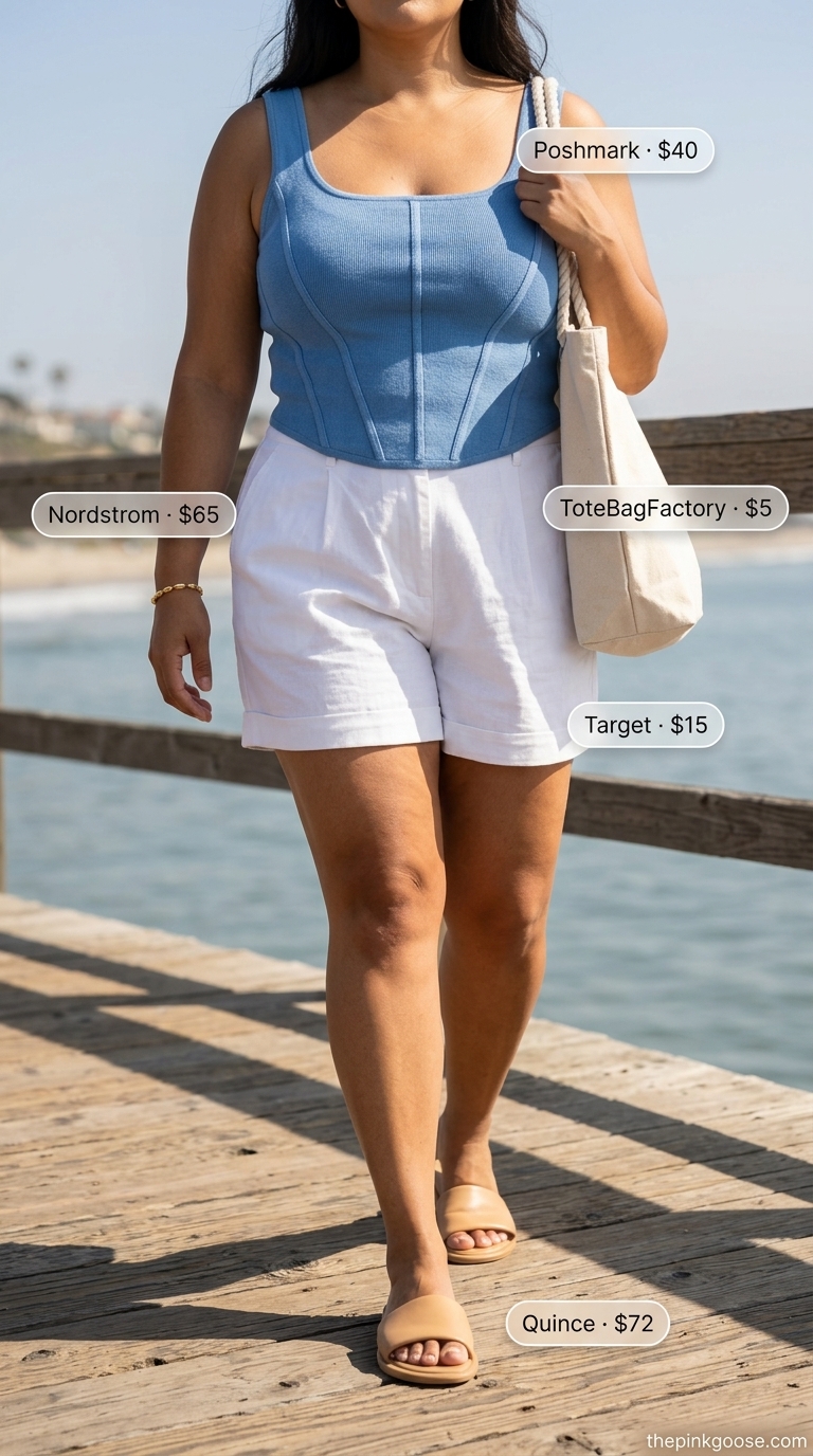 Seaside Serenity corset top outfit for women 2026 with light blue corset, linen shorts, and slide sandals for beach days.