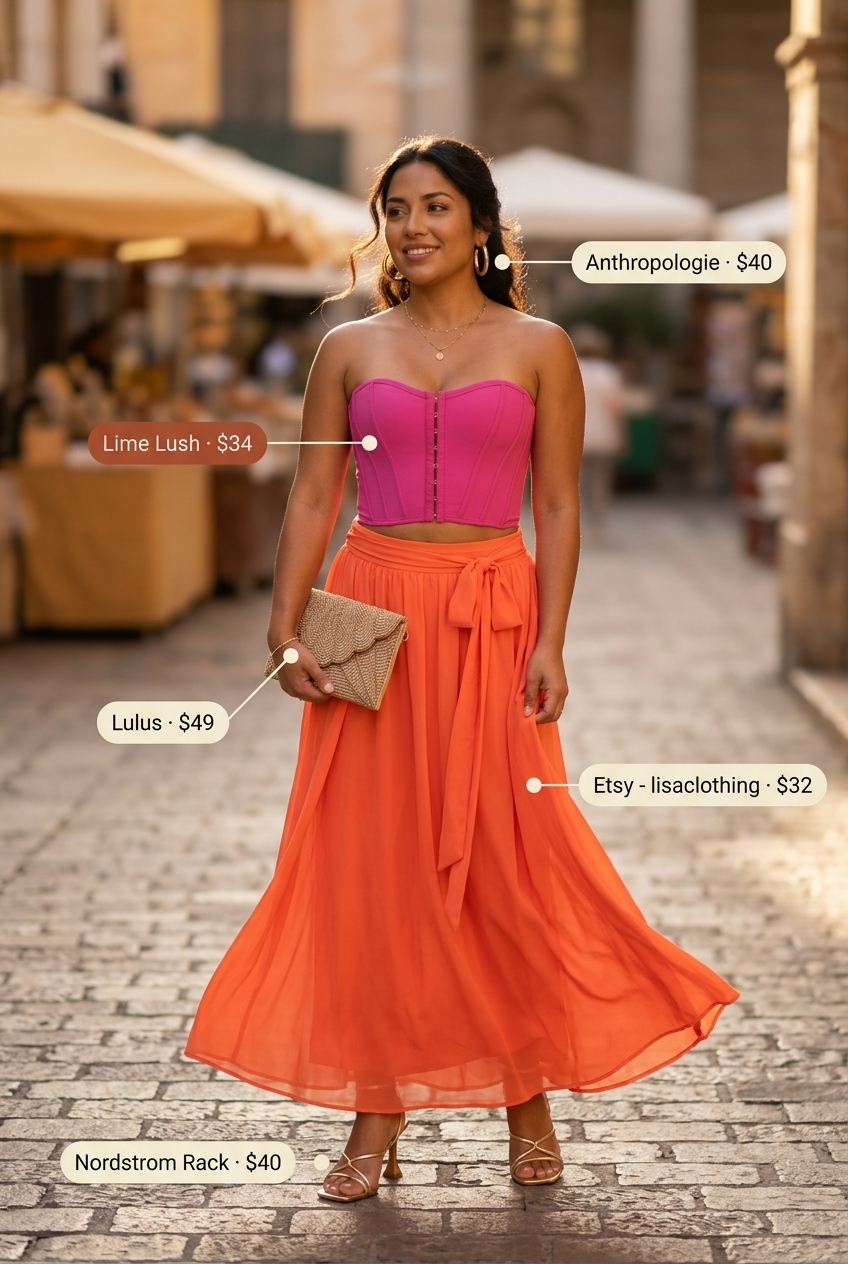 Sunset Fiesta corset top outfit for women 2026 with fuchsia corset, orange skirt, and gold sandals for parties.