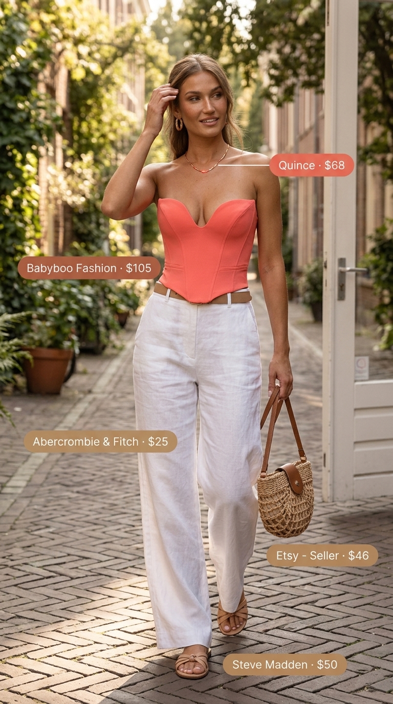 Sunset Riviera Chic corset top outfit for women 2026 with coral corset, linen pants, and straw bag for resort dinners.