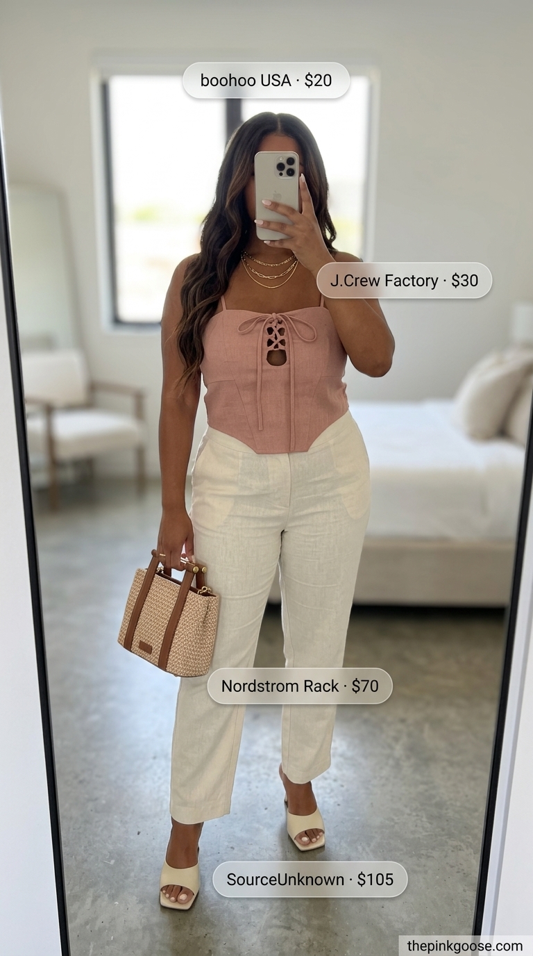 Summer corset top outfit for women 2026: Terracotta linen corset top and pants set with heeled mules for evening.