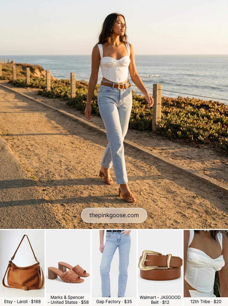 Summer corset top outfit for women 2026: White eyelet corset top with light blue denim jeans and tan mules for a classic look.
