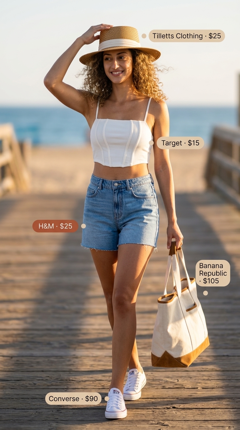 Relaxed Summer Corset Top Outfits for Women 2026: White ribbed knit corset top with light wash denim shorts.