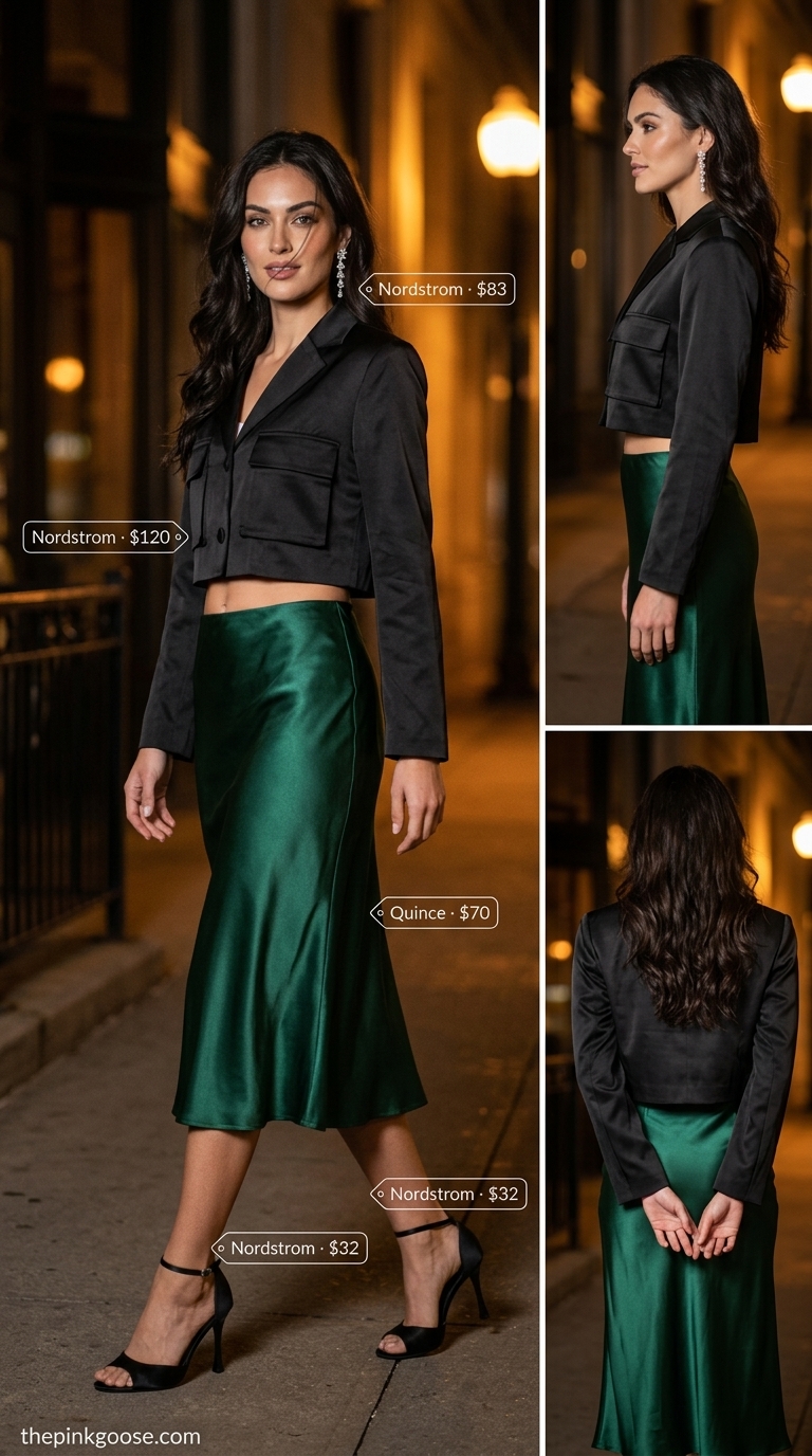 Summer Cropped Blazer Outfits for Women 2026: Black satin blazer worn as a top with emerald satin skirt for evening.