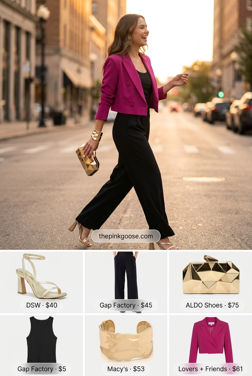 Summer Cropped Blazer Outfits for Women 2026: Magenta blazer with black pants for a vibrant evening party look.
