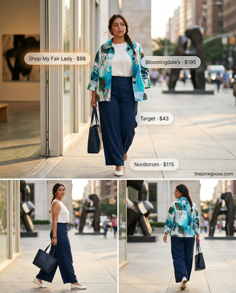 Summer Cropped Blazer Outfits for Women 2026: Teal abstract blazer, navy wide-leg trousers, and cream blouse for an artistic look.