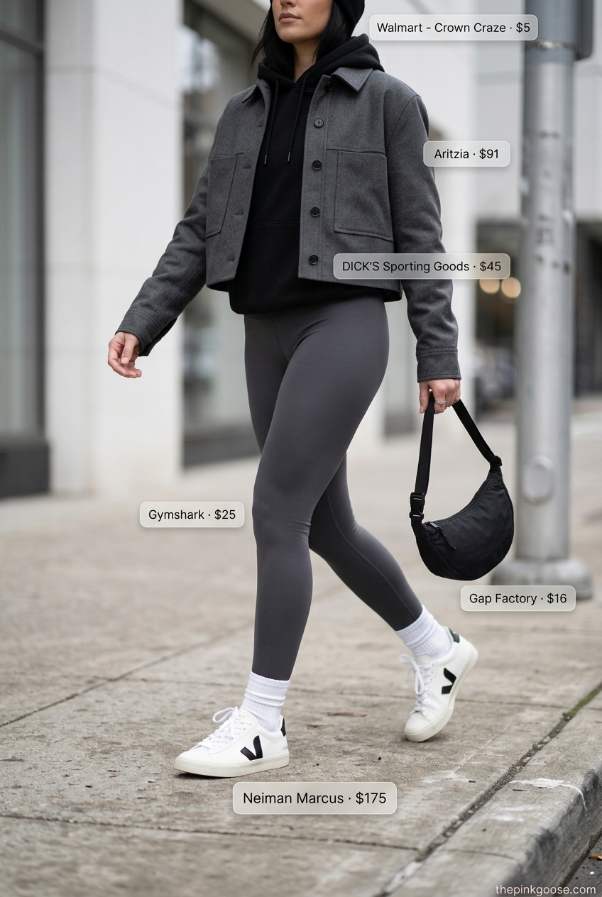 Athleisure Summer Cropped Blazer Outfit: Charcoal blazer, black leggings, hoodie for women 2026.