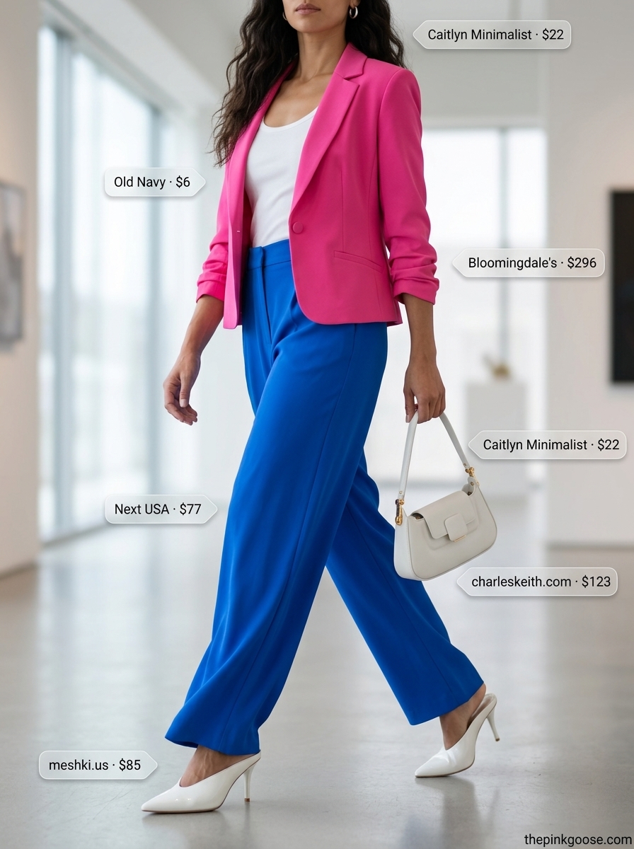 Bold Summer Cropped Blazer Outfit: Hot pink blazer, cobalt blue trousers, white tank for women 2026.