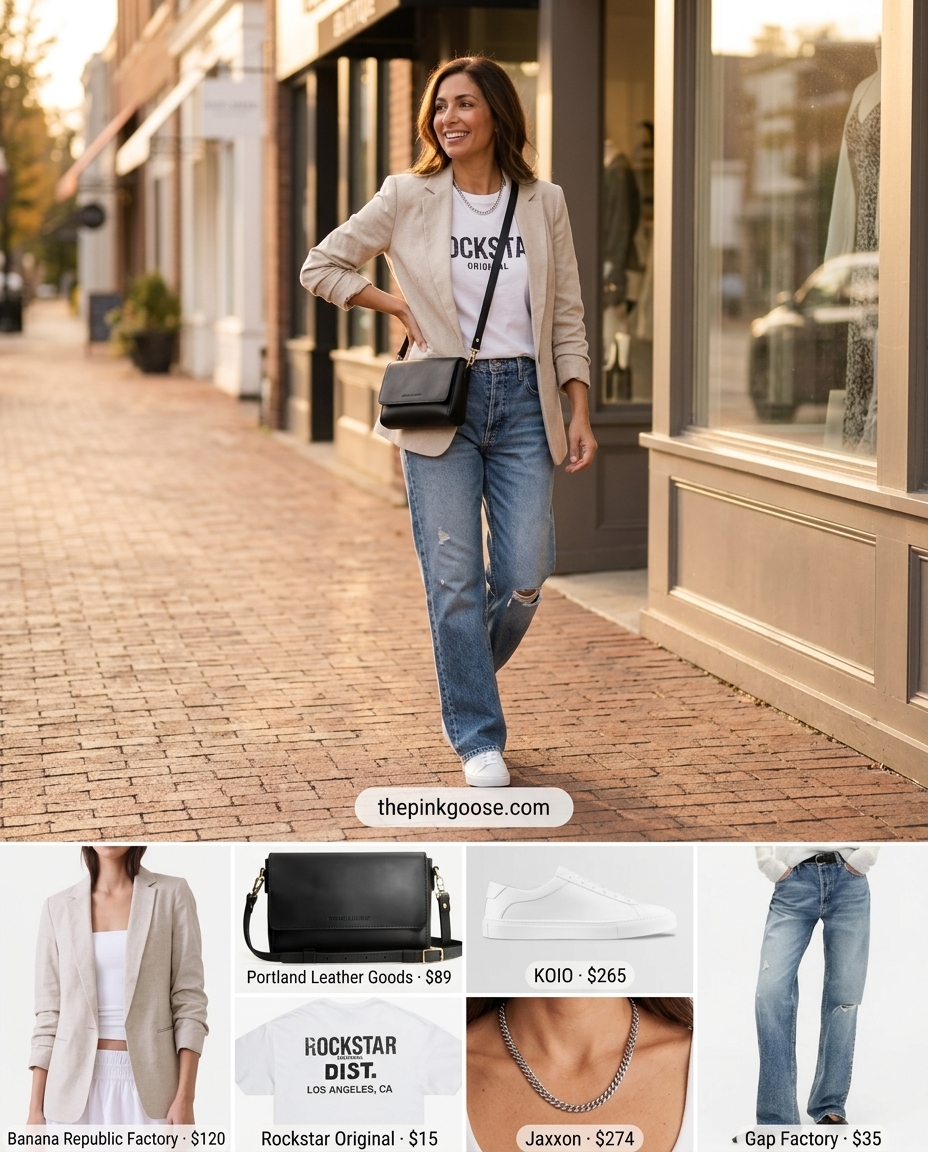 Summer Cropped Blazer Outfits for Women 2026: Beige blazer, graphic tee, and distressed jeans for casual cool contrast.