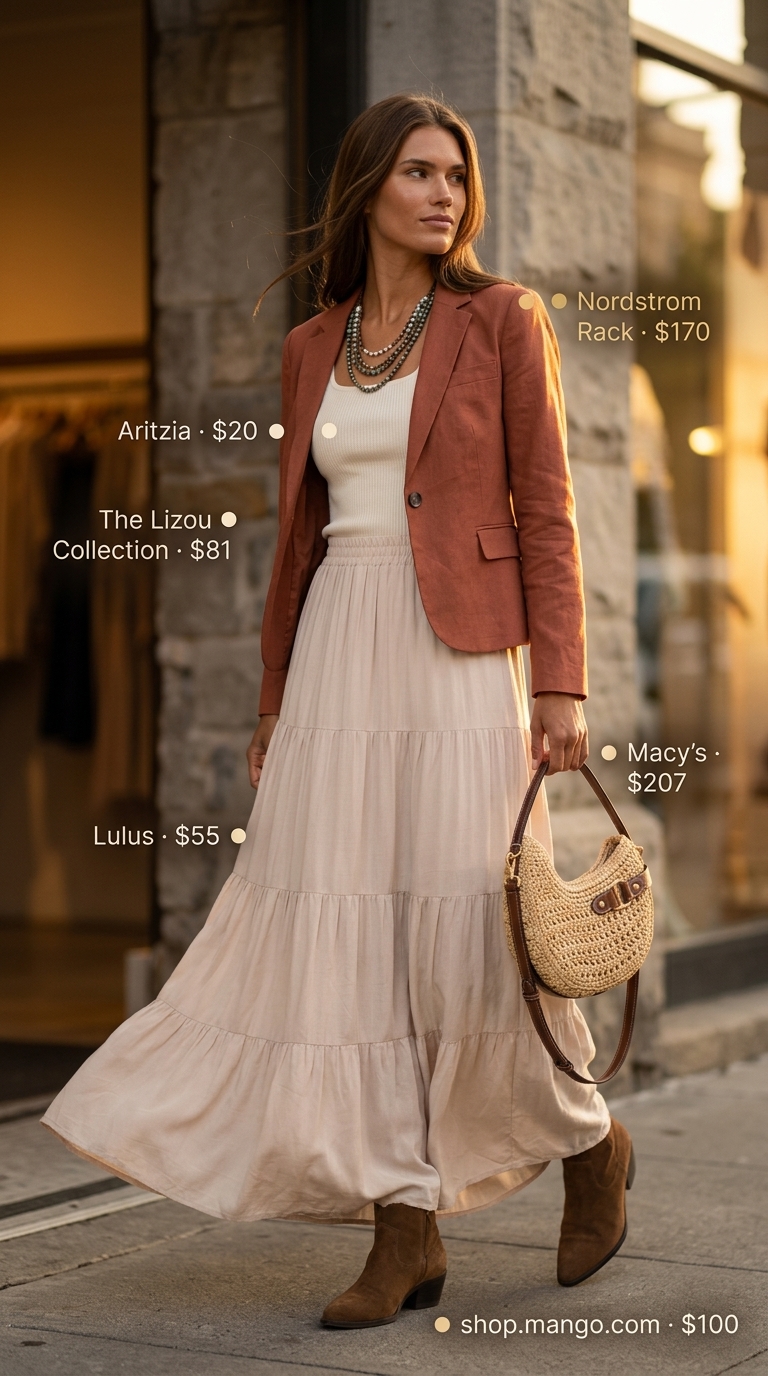 Bohemian Summer Cropped Blazer Outfit: Terracotta linen blazer, cream knit top, tiered maxi skirt for women 2026.