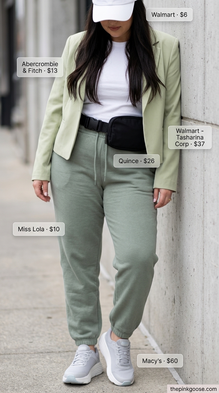 Summer Cropped Blazer Outfits for Women 2026: Sage green joggers, white tee, and a knit blazer for elevated athleisure.