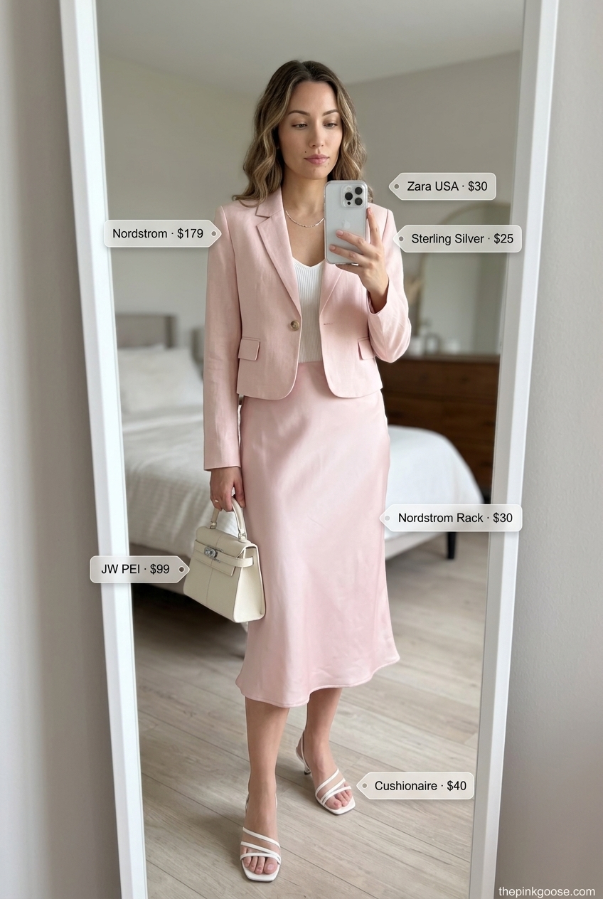 Summer Cropped Blazer Outfits for Women 2026: Blush pink satin skirt, white top, and blush pink blazer for a minimalist vibe.