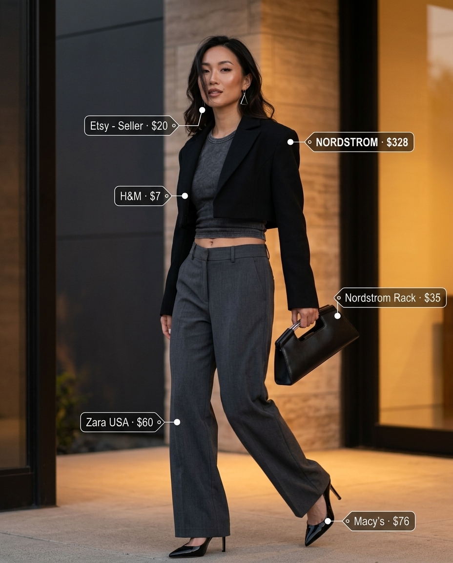 Summer Cropped Blazer Outfits for Women 2026: Black blazer, wide-leg trousers, and tank for a modern power play look.