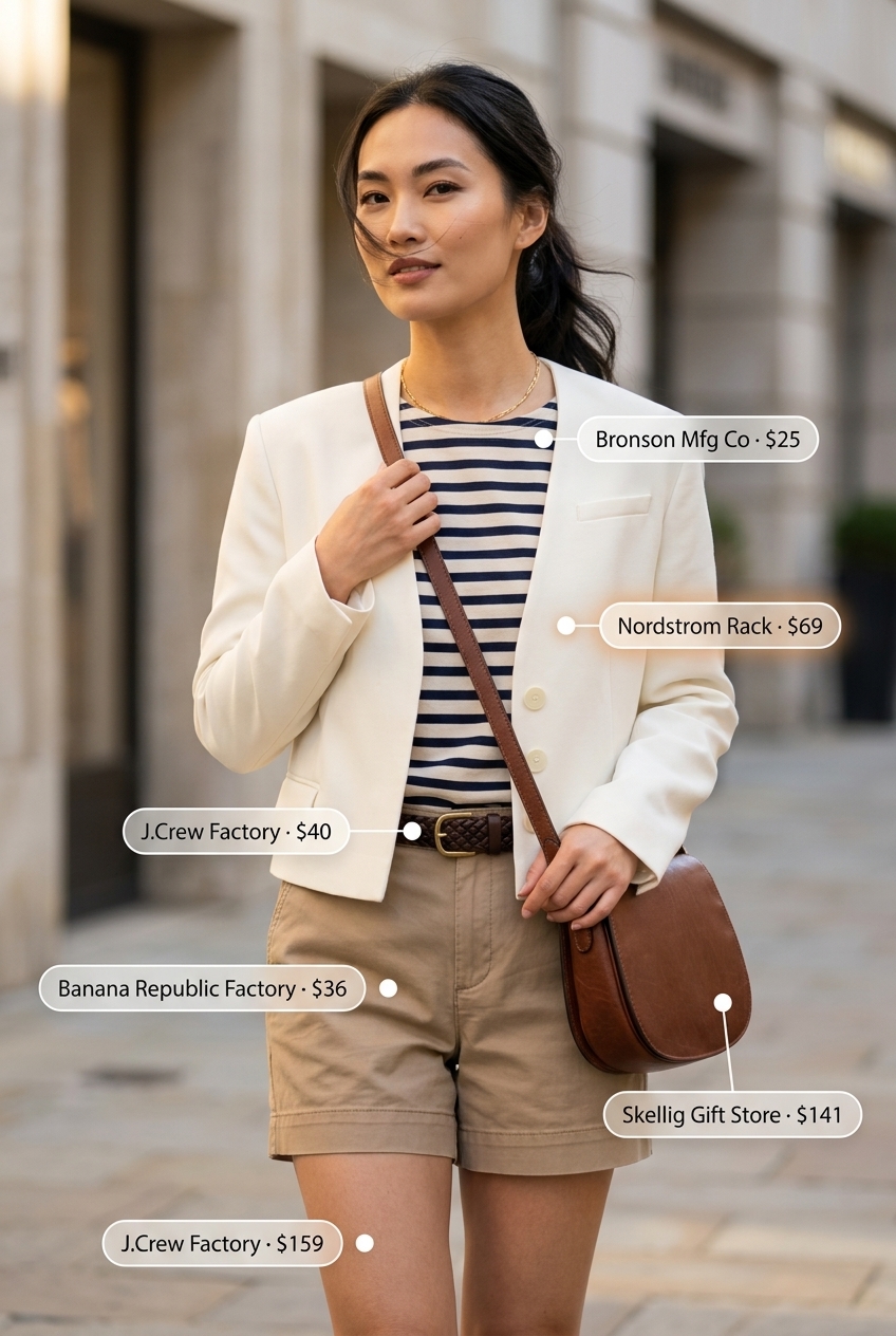 Preppy Summer Cropped Blazer Outfit: White blazer, navy stripe tee, khaki shorts for women 2026.