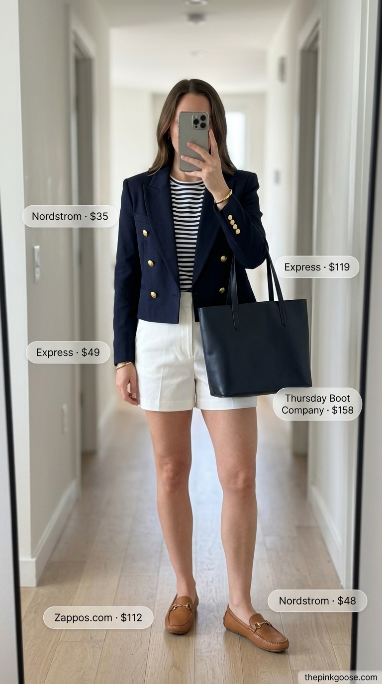 Summer Cropped Blazer Outfits for Women 2026: Navy blazer, white shorts, and striped tee for a preppy summer polish.