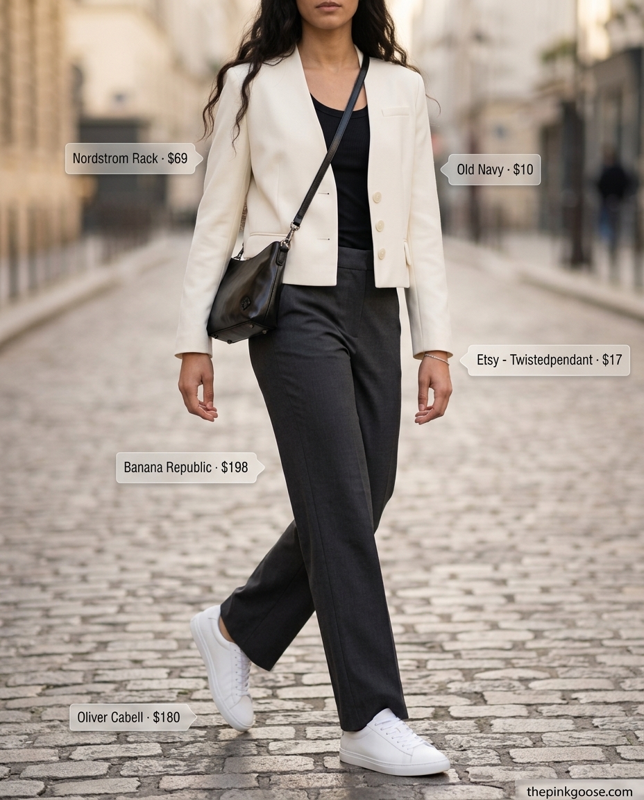 Summer Cropped Blazer Outfits for Women 2026: Chic grey trousers, white sneakers, and a white linen blazer for a casual day out.
