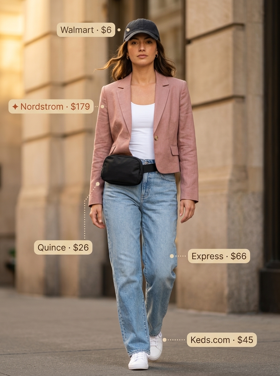 Casual Summer Cropped Blazer Outfit: Dusty rose blazer, graphic tee, denim jeans for women 2026.