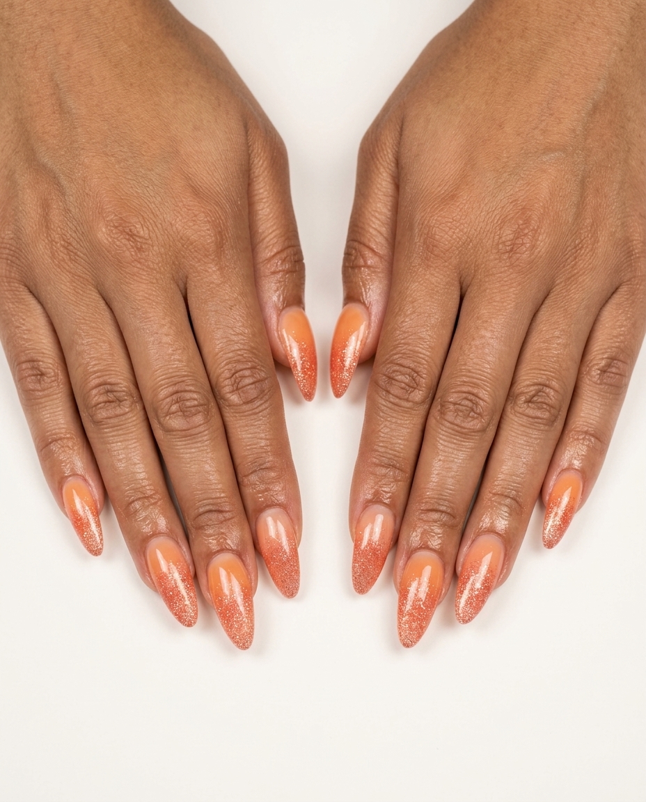 Beachy Coral Glitter Gradient dip nails 2026: Sheer coral with coral glitter for beach parties.