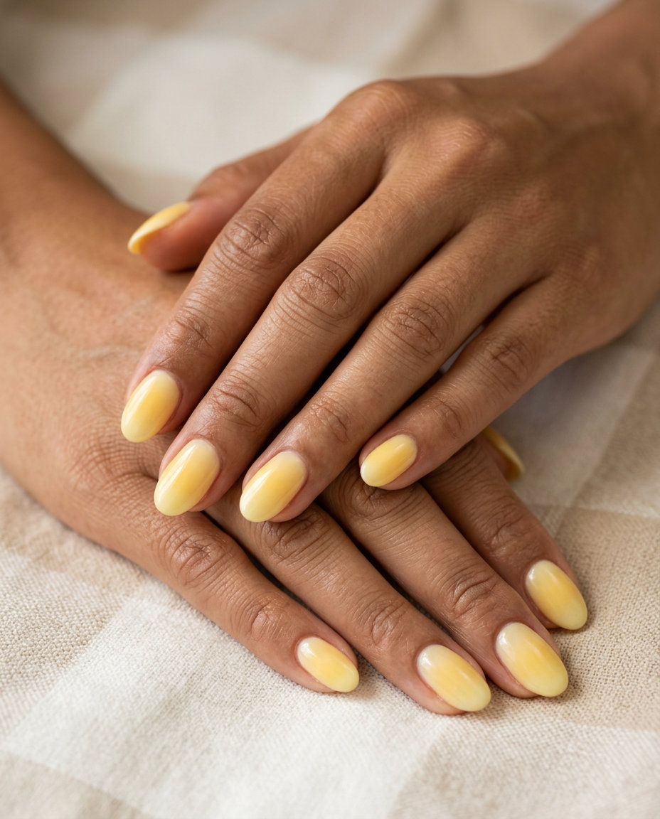 Butter yellow oval aura dip nails 2026 for bridal party or casual weekend. Soft gradient effect.
