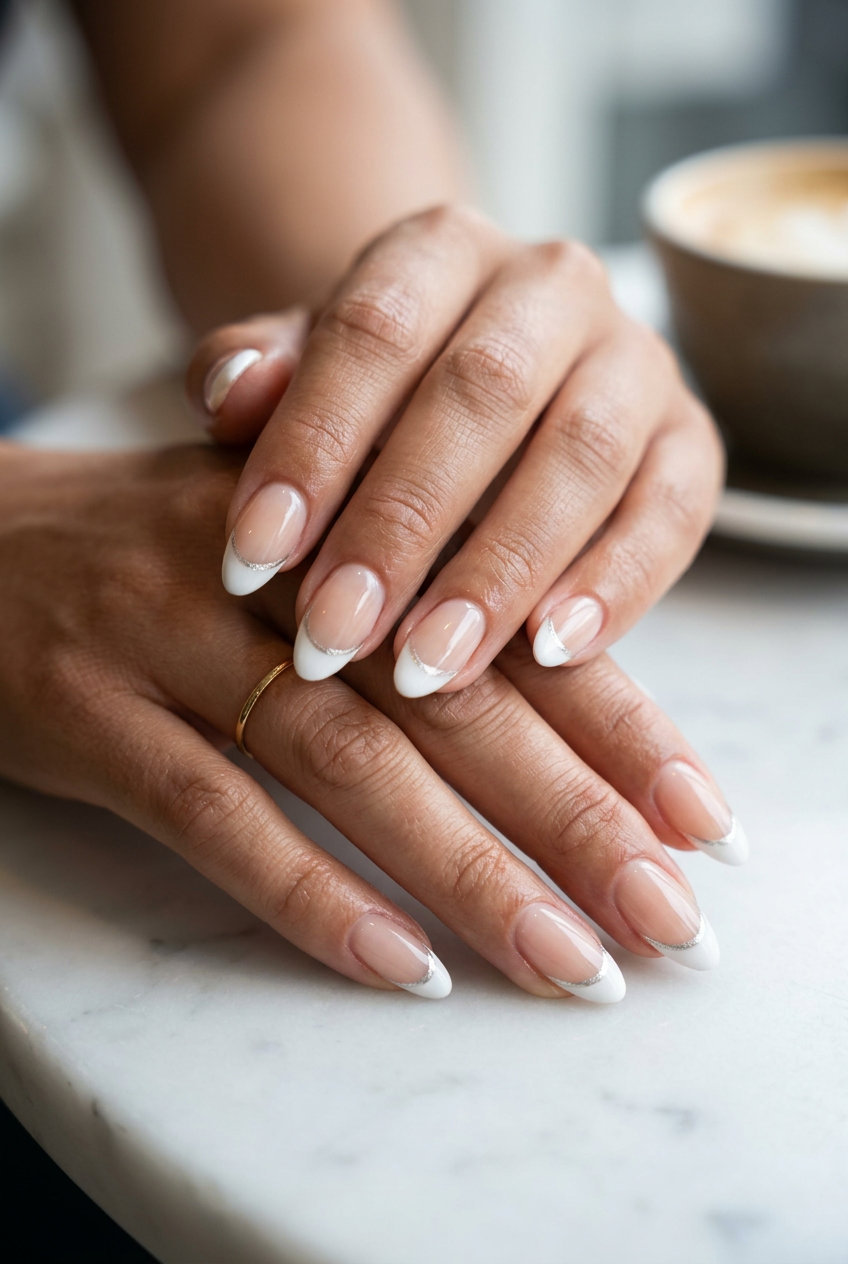Chrome Accent Almond French dip nails 2026: Nude base, white tip with silver chrome accent for weddings.