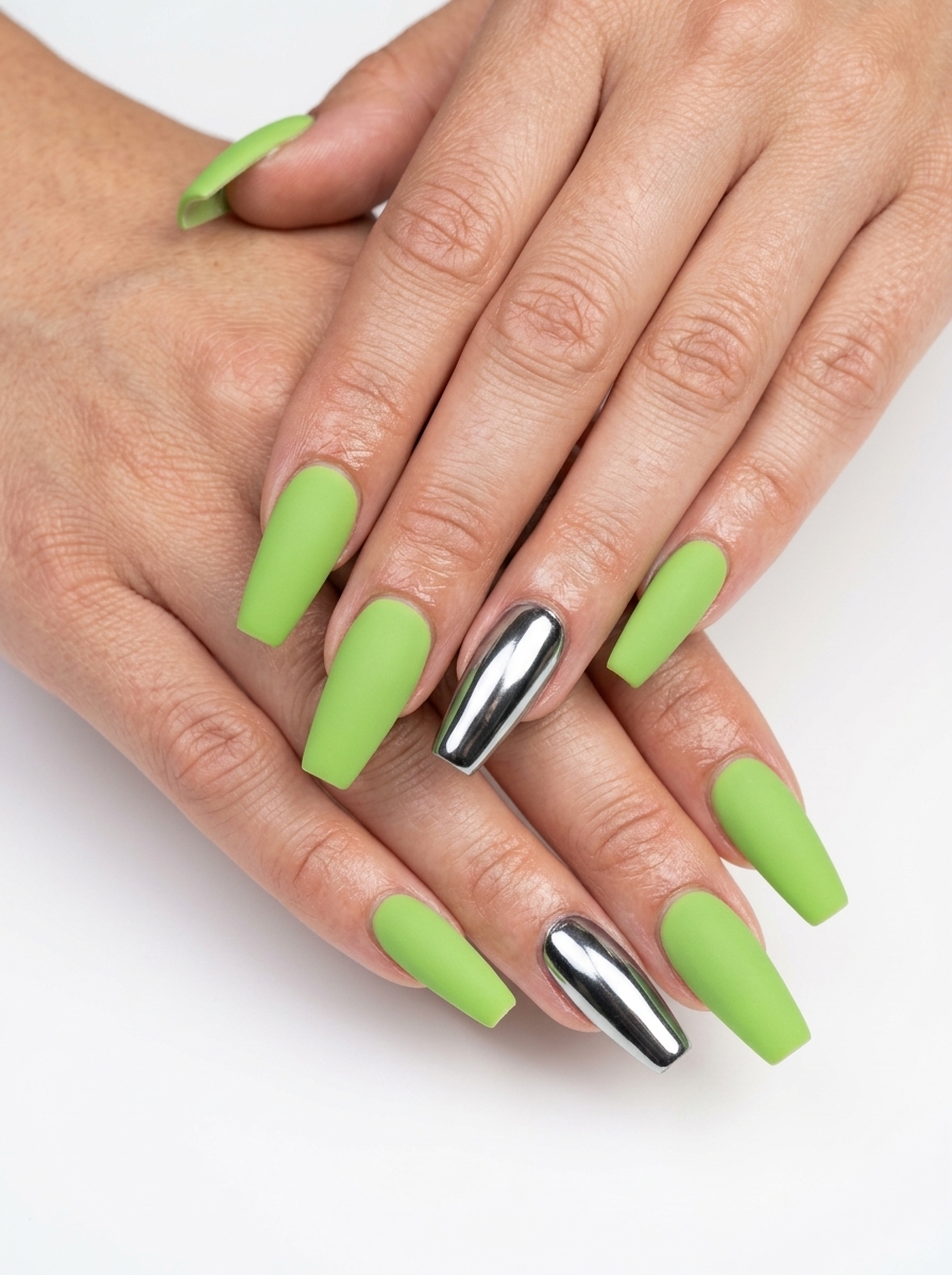 Cyberpunk lime green and silver chrome coffin nails for summer dip nails 2026, perfect for festivals and parties.