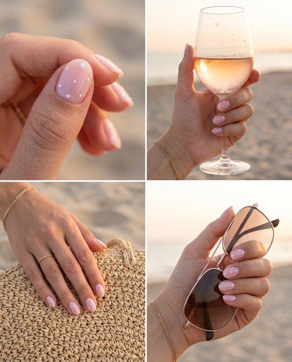 Dainty Dot Milk Bath dip nails 2026: Sheer milky pink with white dots for romantic dates.