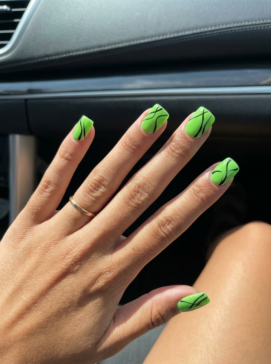 Graphic lime lines on short square dip nails 2026 for casual wear or creative work. Edgy design.