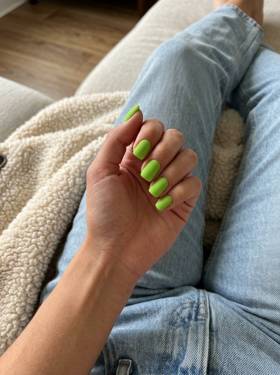 Matte lime statement dip nails 2026 for daily wear or festival. Bold opaque finish.