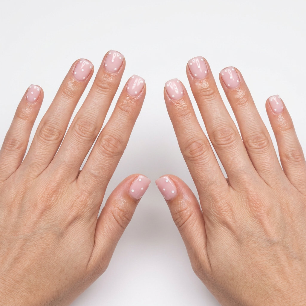 Milky pink square dotty delight dip nails 2026 for casual weekend or picnic. Playful dots.