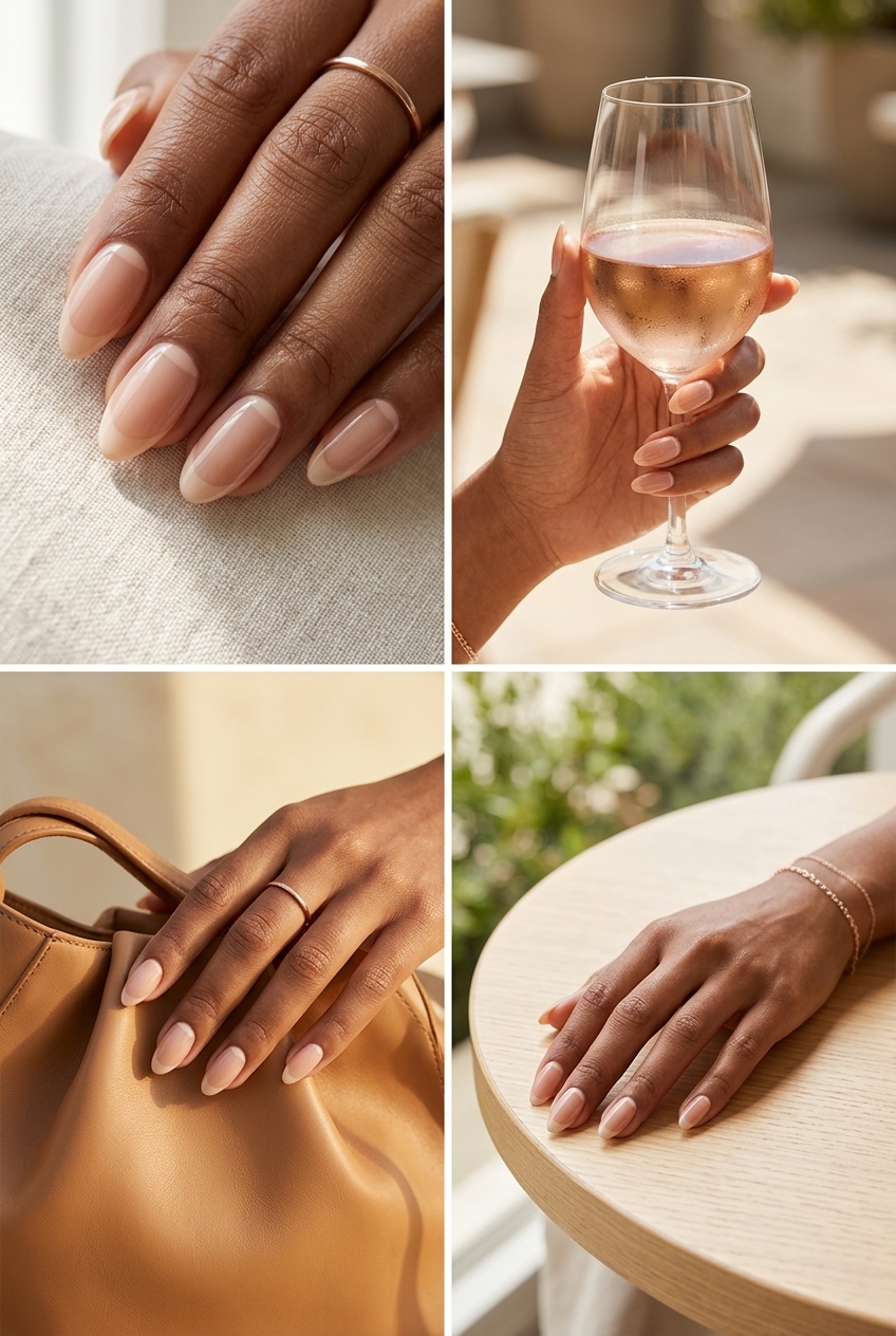 Modern Nude French dip nails 2026: Semi-sheer nude with deeper nude cuticle accent for daily wear.