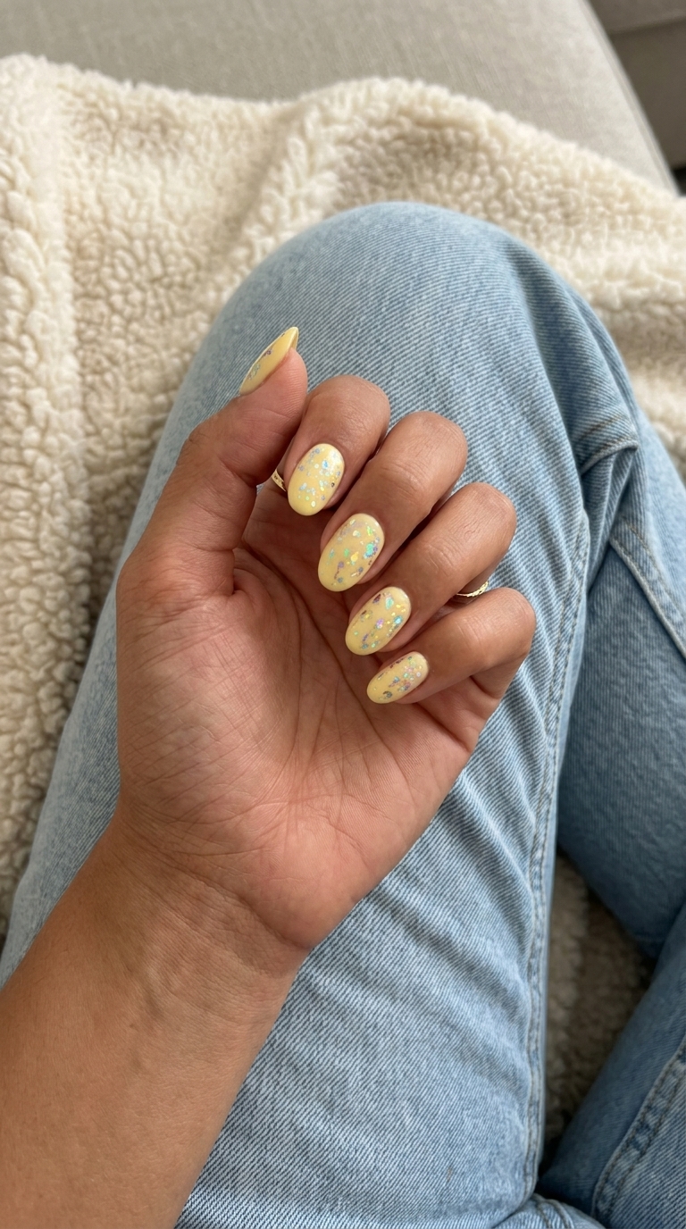 Sparkling butter yellow nails with holographic foil flakes for summer dip nails 2026, ideal for festivals and casual weekends.