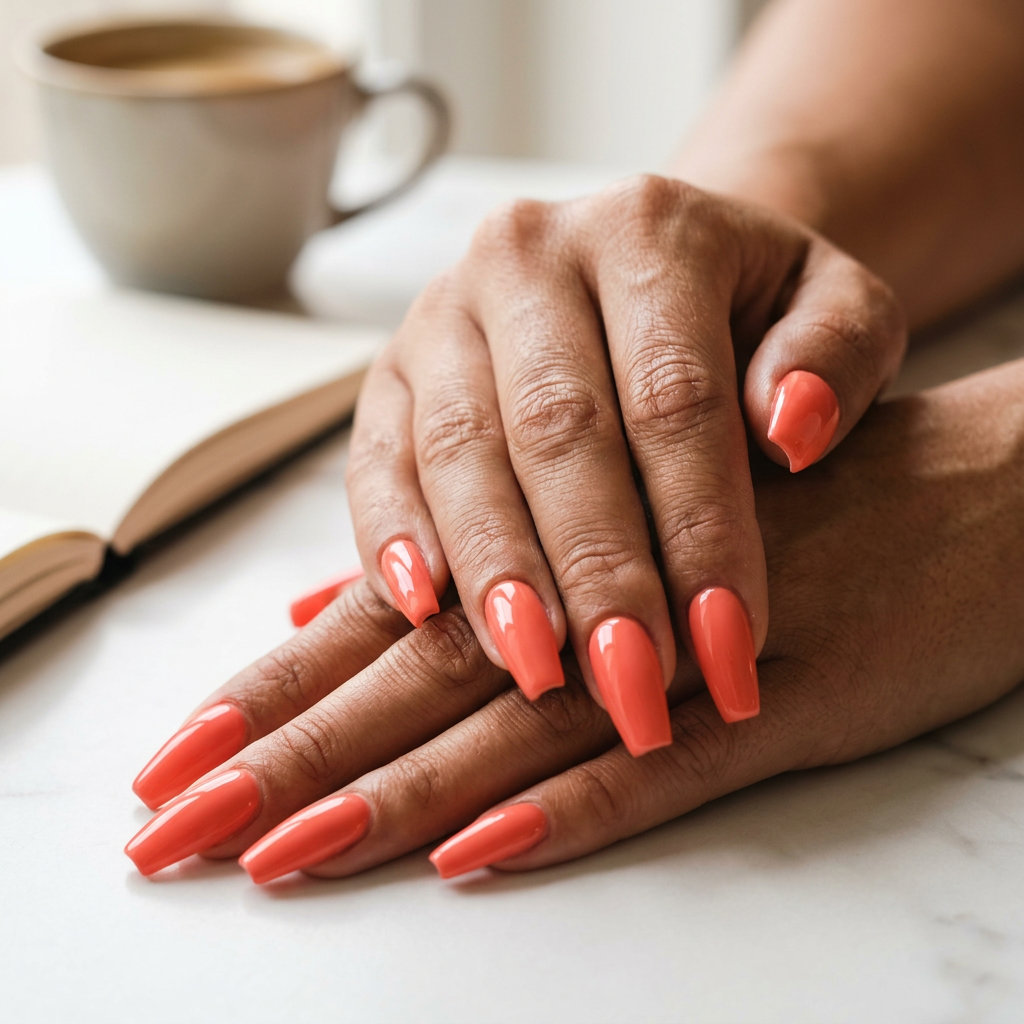 Glamorous sunset coral coffin nails with a high-gloss finish for summer dip nails 2026, perfect for date nights and summer events.
