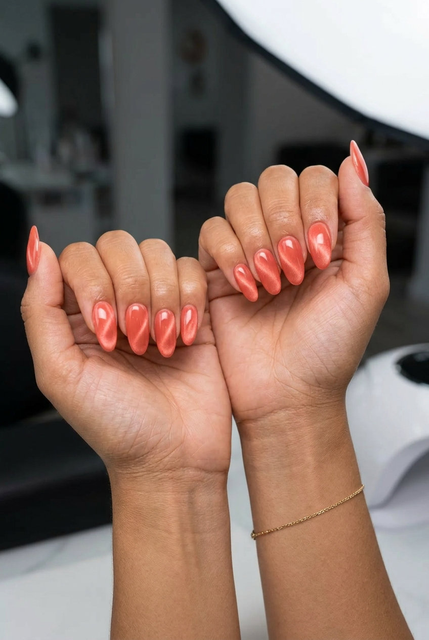 Tropical Sunset Cat-Eye dip nails 2026: Sheer coral jelly with deep velvet cat-eye shift for vacation.