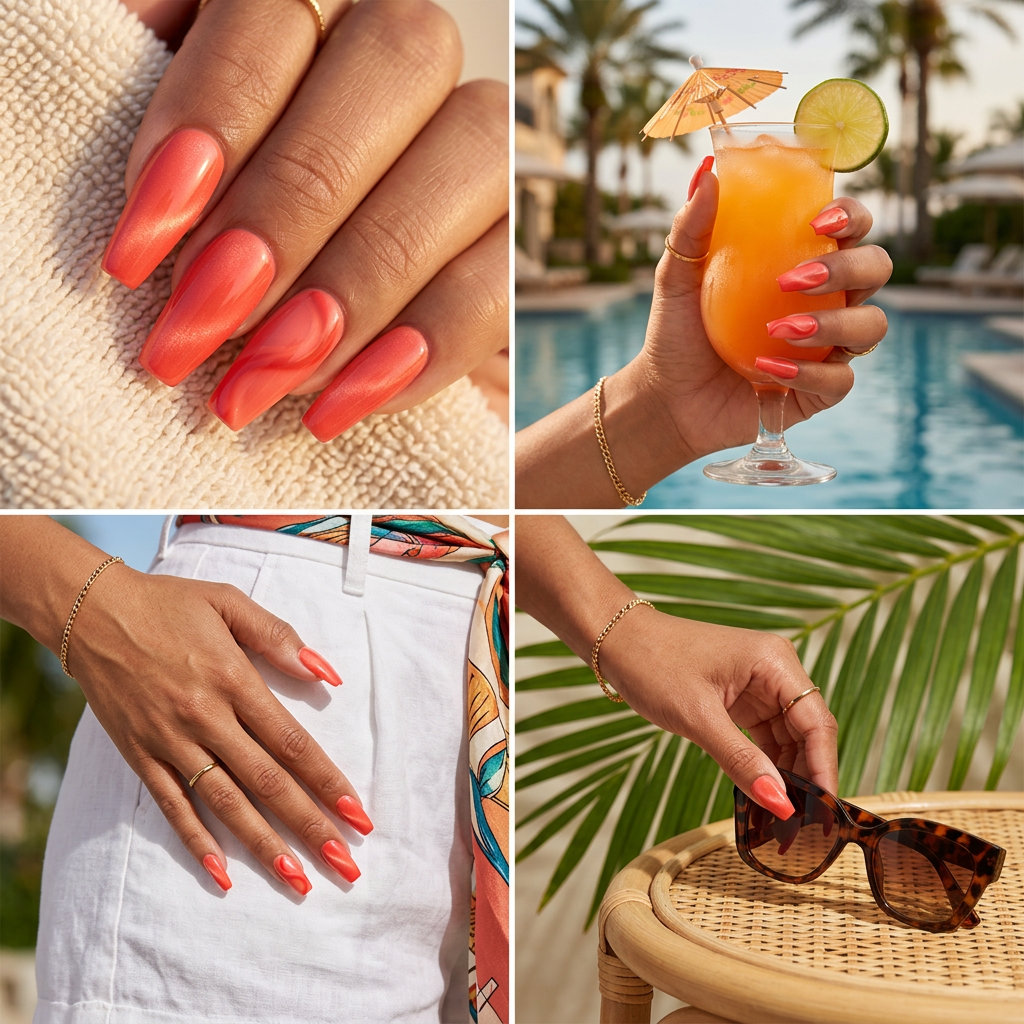 Vivid coral cat-eye swirl stiletto nails for summer dip nails 2026, perfect for vacations and date nights.