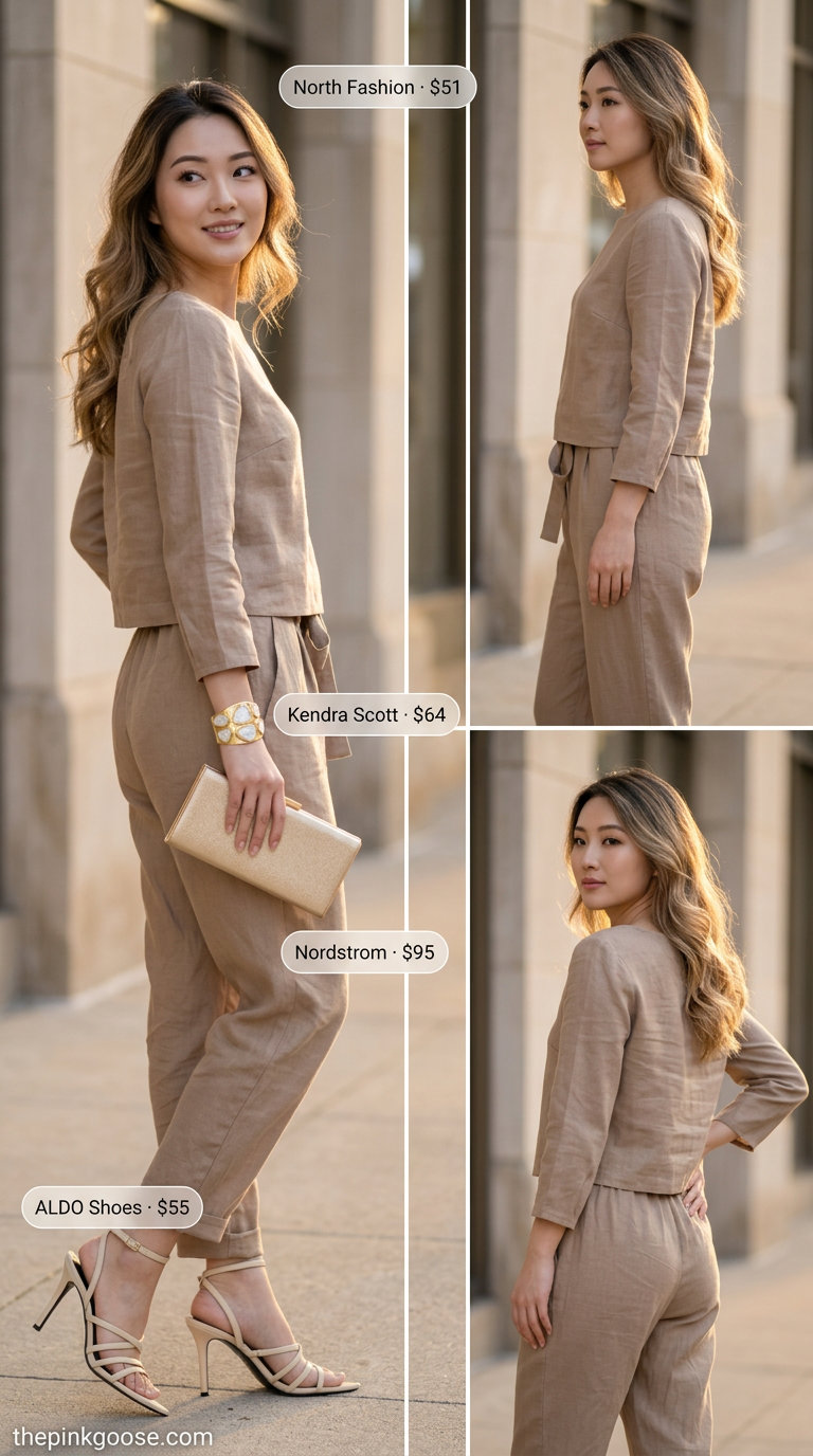 Summer Eyelet Fabric Outfits for Women 2026: Beige eyelet halter top and midi skirt set.